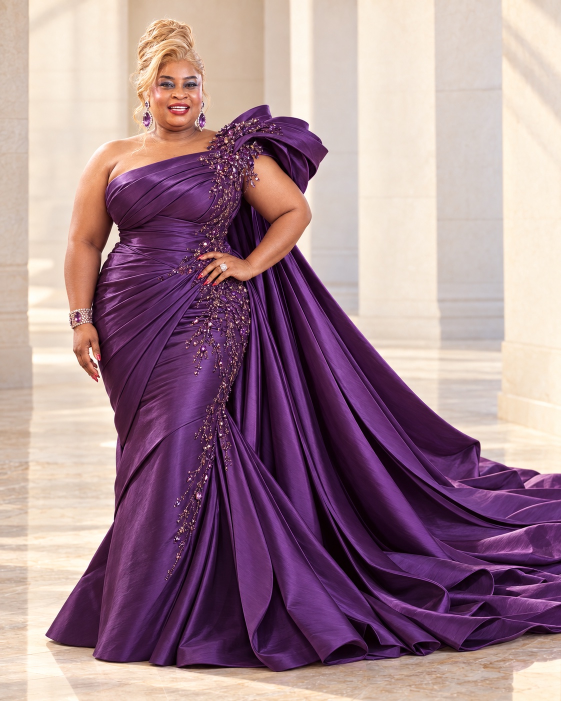 Uchamma in a purple couture gown with a sculptural shoulder and sweeping train
